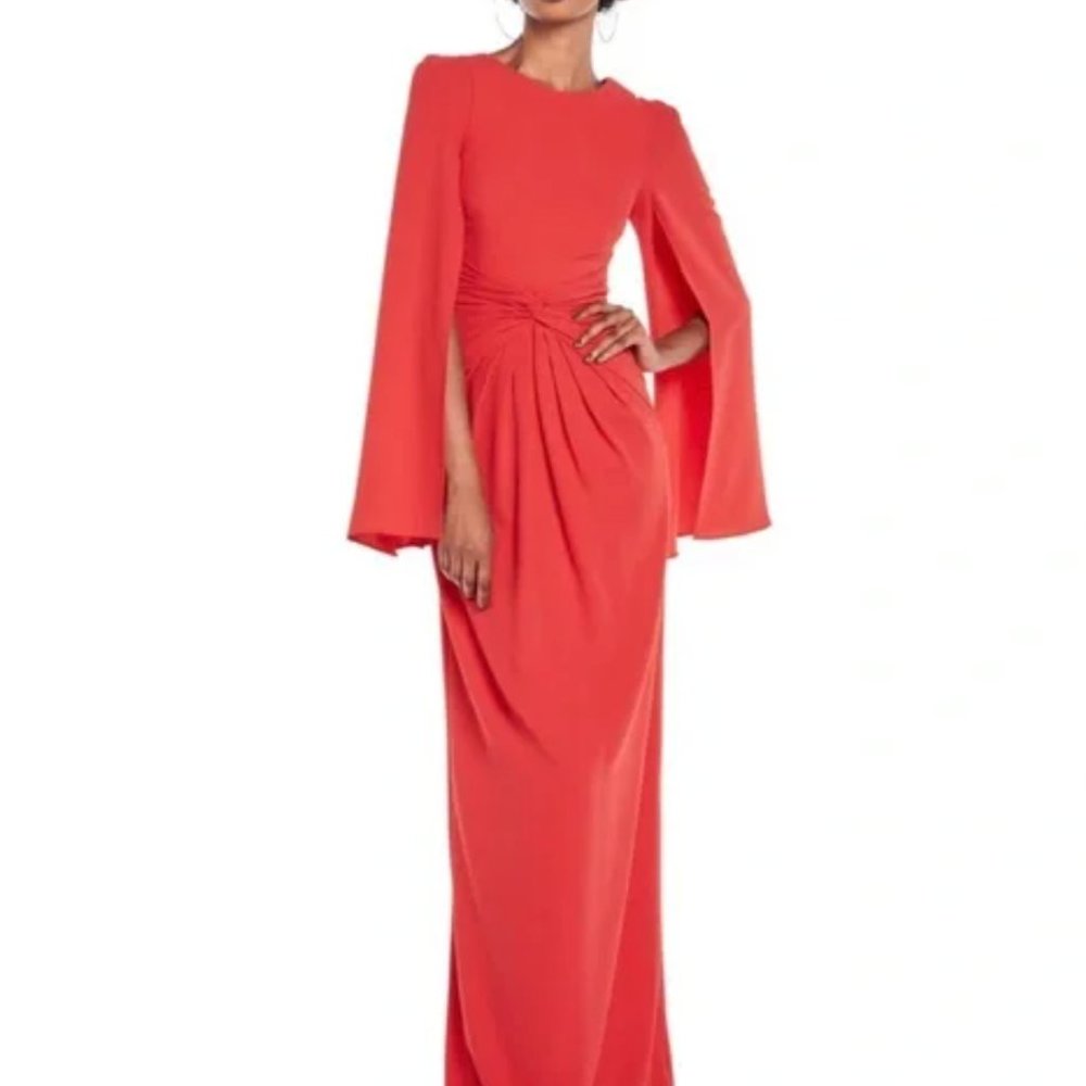 Theia Knotted Cape Sleeve Maxi Gown
